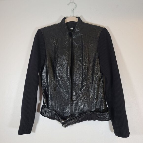 Worth Faux Crinkle Patent Leather Body Wool Blend Sleeves Black Belted Jacket 2‎ - Picture 4 of 9